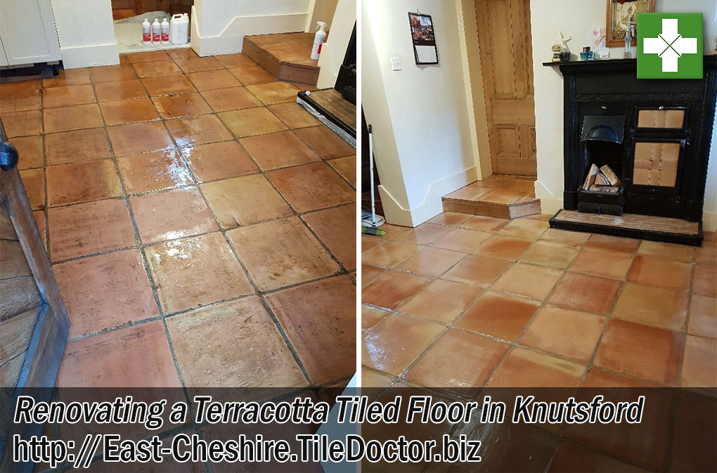 Terracotta Tiled Floor Before and After Cleaning Knutsford Cheshire