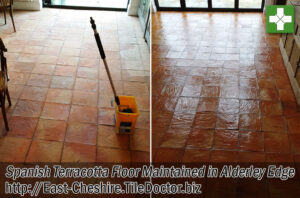 Terracotta Tiled Kitchen Floor Before and After Cleaning in Alderley Edge