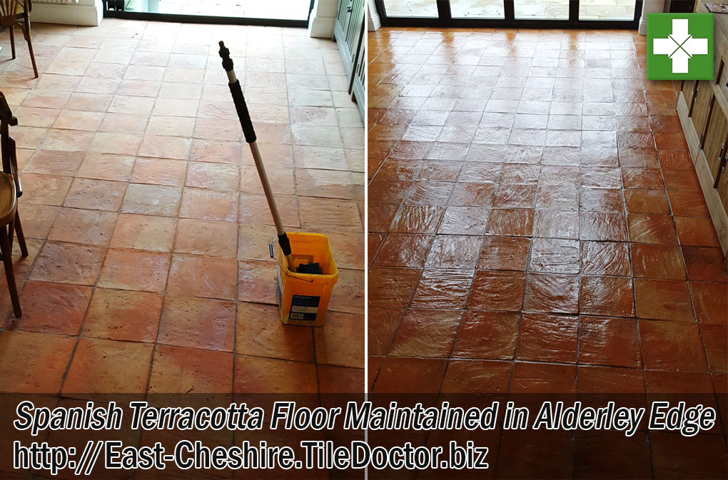 Terracotta Tiled Kitchen Floor Before and After Cleaning in Alderley Edge